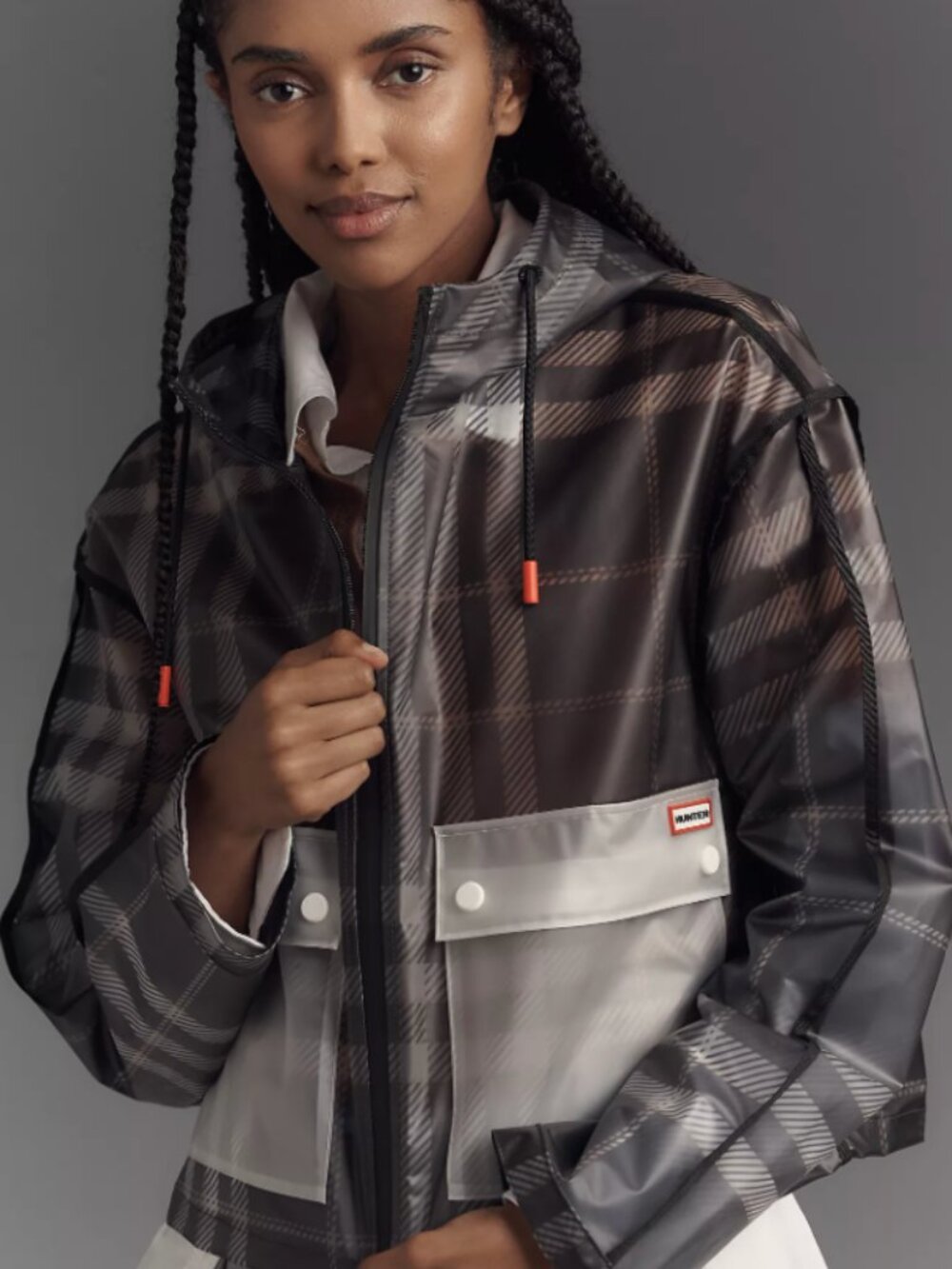 Anthropologie Hunter Water Resistant Plaid Hooded Jacket Clear Pockets - Medium